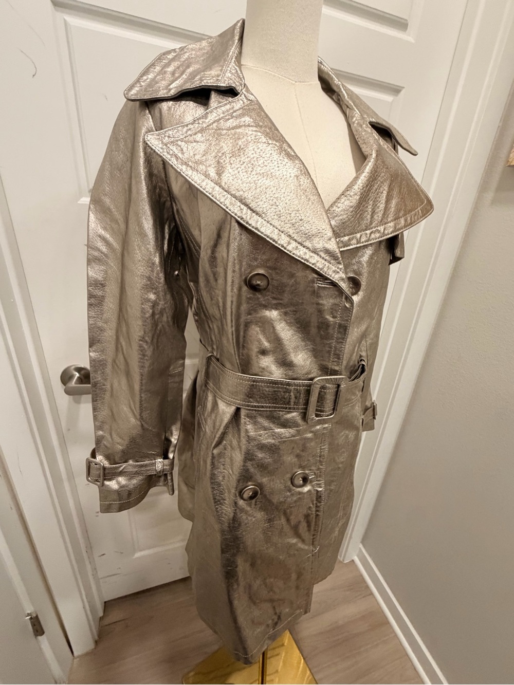Newport News Metallic Leather Silver Trench Coat with Belt NWT - Picture 4 of 14